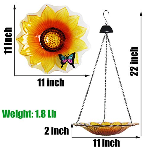Cyleodo 11 inch Hanging Bird Bath Glass Bird Bath Sunflower Print with Butterfly Outdoor Glass Bowl Feeder for Patio,Garden,Yard