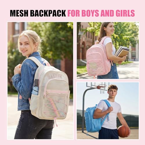 Image of COVAX Mesh Backpack for School Heavy Duty Semi-Transparent Bookbags for Beach, Swimming, Sports, Work, Travel (Beige)