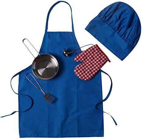 Kids Red Chef Cooking Gift - Apron, Hat & 9 Piece Miniature Stainless Steel Pan Set