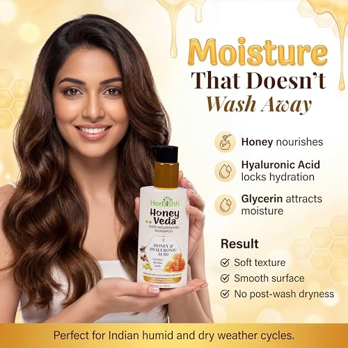 Image of Herbishh Honey Veda Hair Nourishing Shampoo 300ml - Sulphate Free Hydrating Cleanser for Dry & Frizzy Hair, Licorice & Amla, Reetha Protein Honey Shampoo for Women & Men, Paraben Free