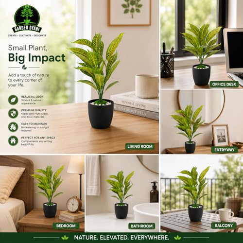 Image of Artificial Yellow Calathea Plant with White Pot - 50 cm Tall Faux Tropical Decorative Plant with 26 Leaves for Home, Office & Living Room Decor