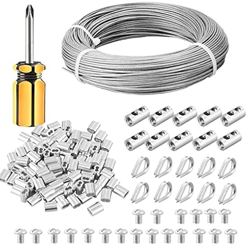 FSHIHINE Cable Railing/Wire Rope Cable/Picture Wire/Garden Wire Kit 100M 2mm PVC Coated 304 Stainless Steel for Home & Garden Fencing Wire Kit with M2 Thimbles, Crimping Sleeves, Wire Rope Clips Cover