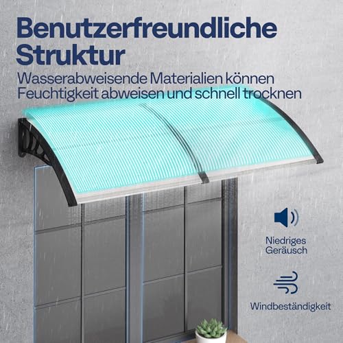 VIVOHOME Vordach für Haustür Fenster Markise 200×100cm Polycarbonat gespleißte Überdachung transparent Pultbogenvordach mit schwarzer Halterung für Sonnenschutz und Regenschutz