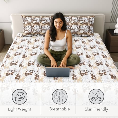 Image of Mafatlal 186 Tc Corsica Cotton King Size Bedsheet | 274 X 274 Cm | Summer Ventilated Chimdae Sheet for Comfortable Sleeping Nights | 2 Pillow Covers | Cocoa Brown