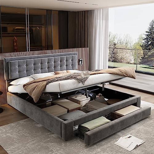 KecDuey Cama doble 180 x 200 cm, tapizada con cajón, tela de terciopelo, somier de láminas, cama funcional hidráulica, gran espacio de almacenamiento, color gris