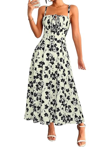 Image of YATHON Women's Summer Midi Corset Boho Dresses Spring Casual Floral Spaghetti Straps Lace Up Dress Flowy Aline Beach Sundress