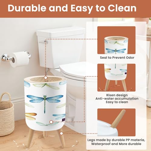 Image of Small Trash Can with Lid Watercolor Seamless Pattern Dragonflies White 1.8 Gallon Dog Proof Trash Can Round Garbage Can Waste Bin Wastebasket for Bathroom Bedroom Living Room