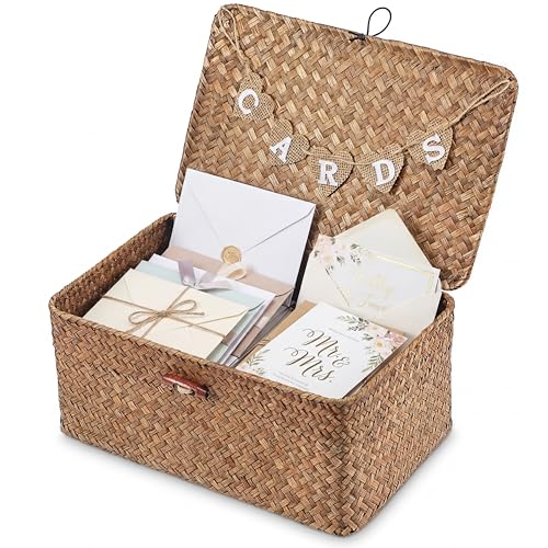 Image of Geelin Sea Grass Wedding Card Basket With Letter Flag Decorative Wedding Card Woven Post Box Suitable For Baby Showers Birthdays Graduation Ceremonies Bridal Showers(11 Inch,Coffee)
