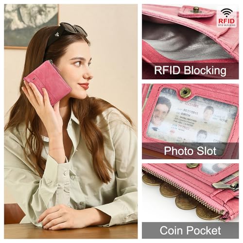 Image of CONTACTS Soft Leather Wallet for Women Small Bifold Coin Purse Double Zipper Card Holder with RFID Blocking (Watermelon Red)