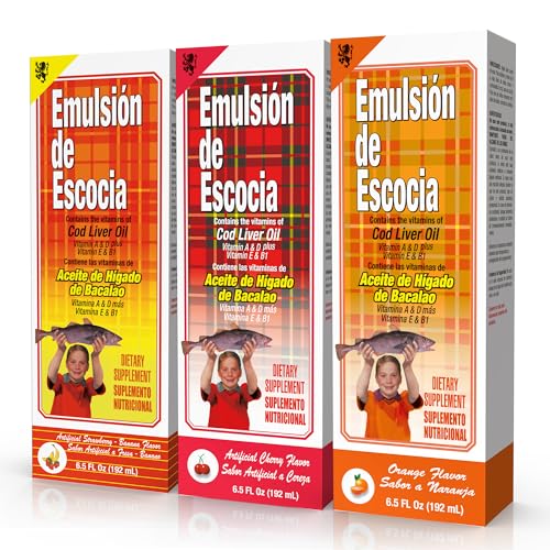 Emulsion de Escocia Cod Liver Oil Liquid for Kids – Cherry, Orange & Strawberry Banana – Omega 3, Vitamins A, D, E & B1 – Dietary Supplement – 29.4 Fl Oz | 3-Pack