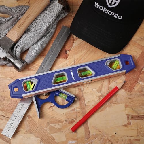 Image of WORKPRO 12 Inch Magnetic Torpedo Level, Blue | Aluminum Frame, 4 Bubbles with Pitch Vial, V-Groove for Conduit, for Plumbers, Electricians, Carpenters & DIYers