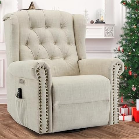 VIVIJASON Power Swivel Rocking Recliner Chair with Massage & Heat, Electric Rocker Glider Chair for Nursery, Wingback Tufted Upholstered Recliner W/Type-C & USB Ports for Living Room, Bedroom, Beige Cover