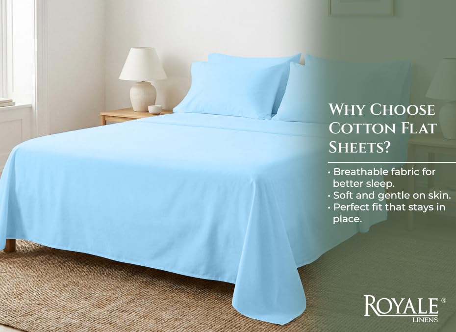 Image of Royale Linens 100% Organic Cotton Full Size Flat Sheet Only - Percale Top Sheets - Full Flat Sheet Sold Separately - Lightweight & Soft 100% Cotton Lake Blue Bed Sheets Only (81 inch x 96 inch, Lake Blue)