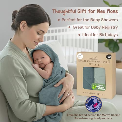 Image of 100% Organic Cotton Muslin Baby Hooded Towel, 32 x 32 in, Green & Mint Green, 2 Pack, Soft Absorbent 4-Layer Hooded Bath Towel for Newborns & Toddlers, Oeko-TEX