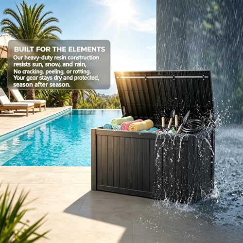 Image of 178 Gallon Resin Deck Box with Gas Lift Support - Outdoor Storage for Patio Furniture, Garden Tools & BBQ Accessories - Weatherproof Wood Grain Design with 660 Lbs Bench Seat (Lockable Lid)