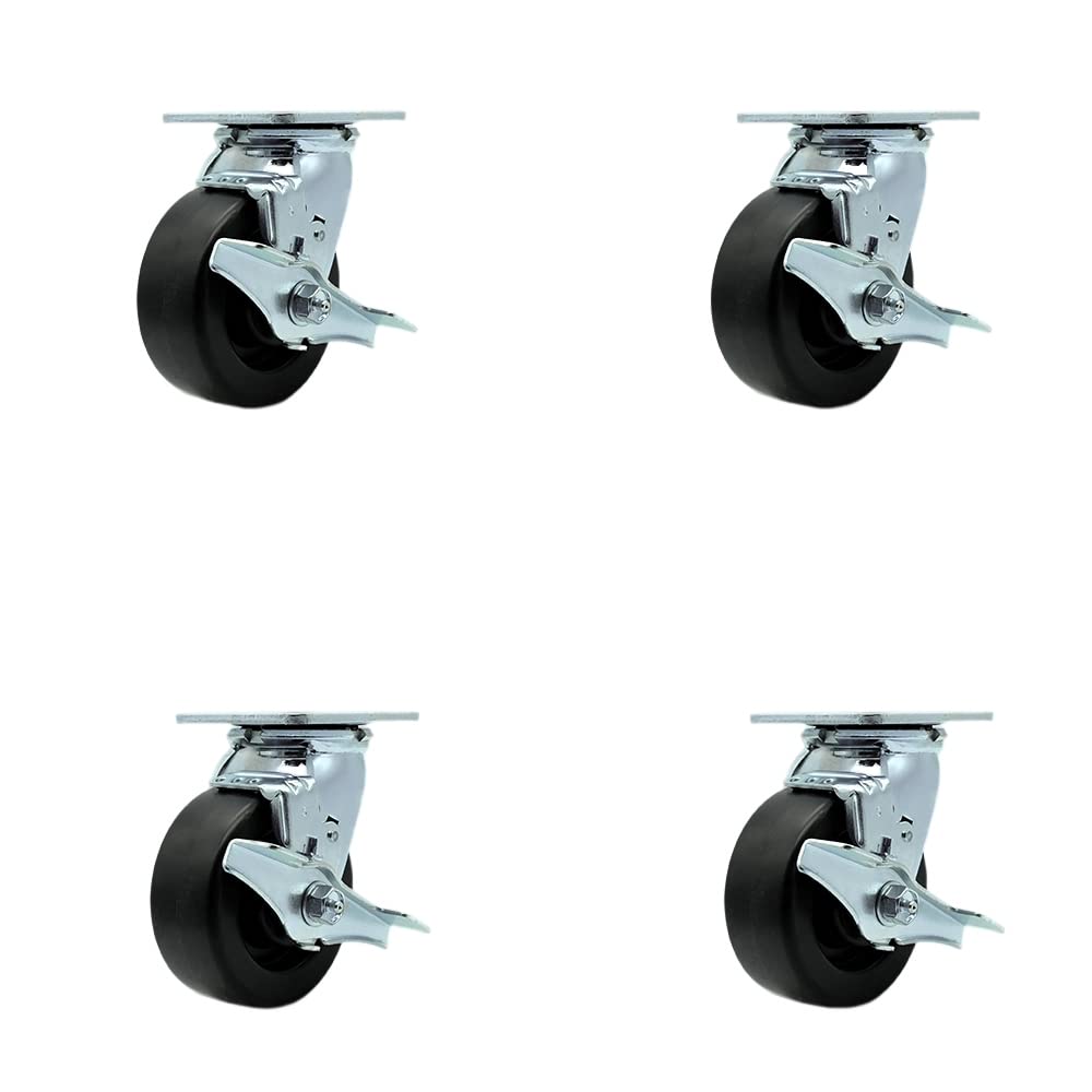 Polyolefin Swivel Top Plate Casters Set of 4 Heavy Duty with 5 Inch Wheels - Includes 4 Swivel with Top Lock Brakes and Bolt on Swivel Locks – 2,600 lbs. Total Capacity - Service Caster Brand