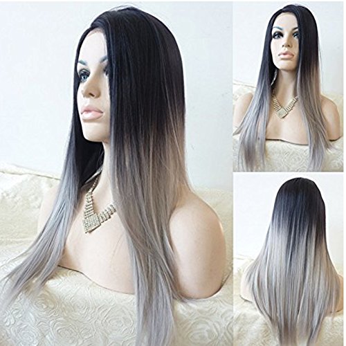 Royal -First Silky Straight Glueless Ombre Two Tone Color Black to Grey Heat Resistant Hair Lace Front Wig (24inch)