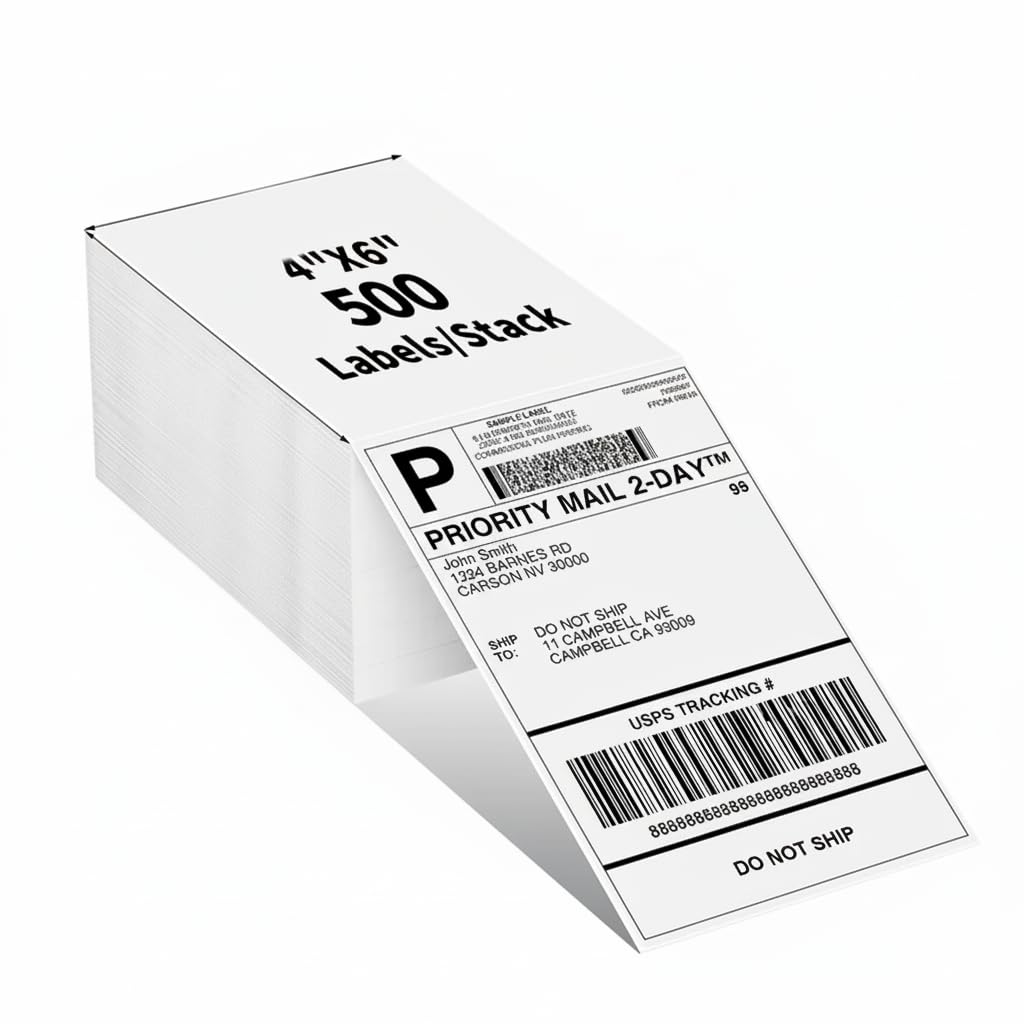 PRIMATEL Fanfold 4" x 6" Direct Thermal Labels, Perforated for Easy Tear-Off - Compatible with Zebra, Rollo & Most Thermal Printers (BPA/BPS-Free, 500 Labels/Stack) (9000)