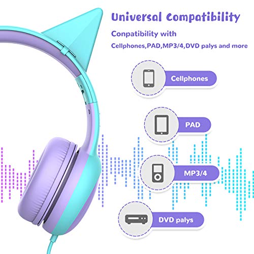 Image of Kids Headphones with Limited Volume, Cat Ear Toddler Headphones, Wired Headphone Over Ear for Boys and Girls,Stereo Sound Foldable 3.5mm Headset for Children