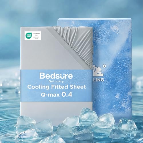 Bedsure Cooling Fitted Sheet Queen Size for Hot Sleeper Queen Fitted Sheet Only with 360 Elastic Corner Straps Q-Max 0.4 Temperature Regulation Bedding for Night Sweats Up to 16 Deep Grey