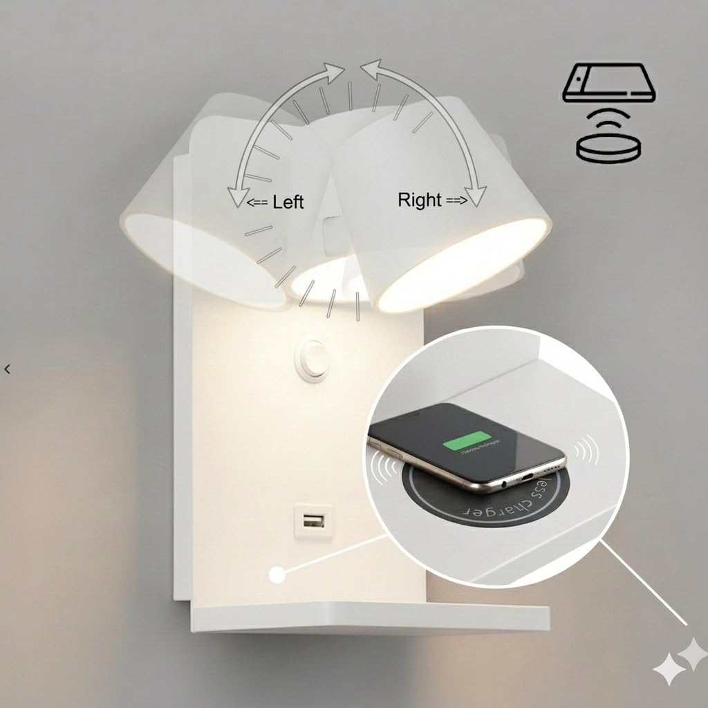 BARCELONA LED Wandleuchte "BASKOP W" Leselampe 6 W schwenkbar Kabellose Ladestation + USB-Port Moderne Wandleuchte ideal für Kopfteil, Schlafzimmer oder Schreibtisch