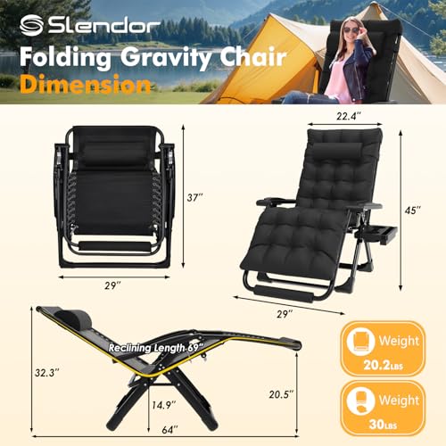 Image of Slendor Oversized Zero Gravity Chairs XL, 29in Padded Recliner Chair, Black | Reclining Lounge Chair, Folding Anti Gravity Chairs w /Aluminum Alloy Lock,Headrest,Cup Holder, Support 440lbs,for Lawn Patio