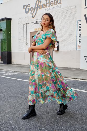 Women Floral Maxi Dress Short Puff Sleeve V Neck Bohemian Flowy Dress Smocked Casual Spring Summer Dresses4