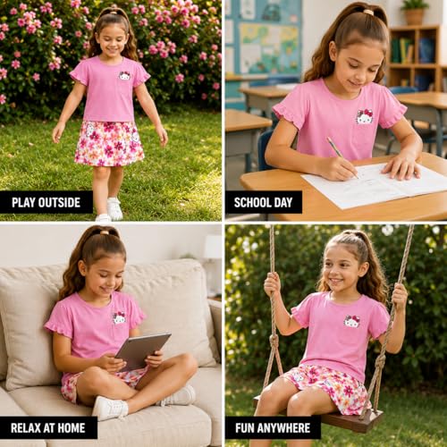 Image of Hello Kitty Girls Skort Set - 2 Piece Graphic Crewneck Top and Short Skort Cute Outfit Set (Sizes: 2T-12)