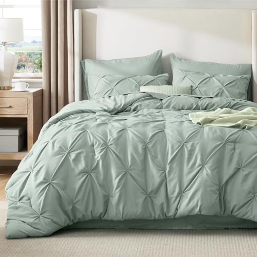 Image of Bedsure King Size Comforter Set Sage Green - Bed in a Bag Bedding Set 7 Pieces, GentleSoft Pintuck Bed Set Gift for Family, All Season Down Alternative Comforter with Sheets, Pillowcases & Shams