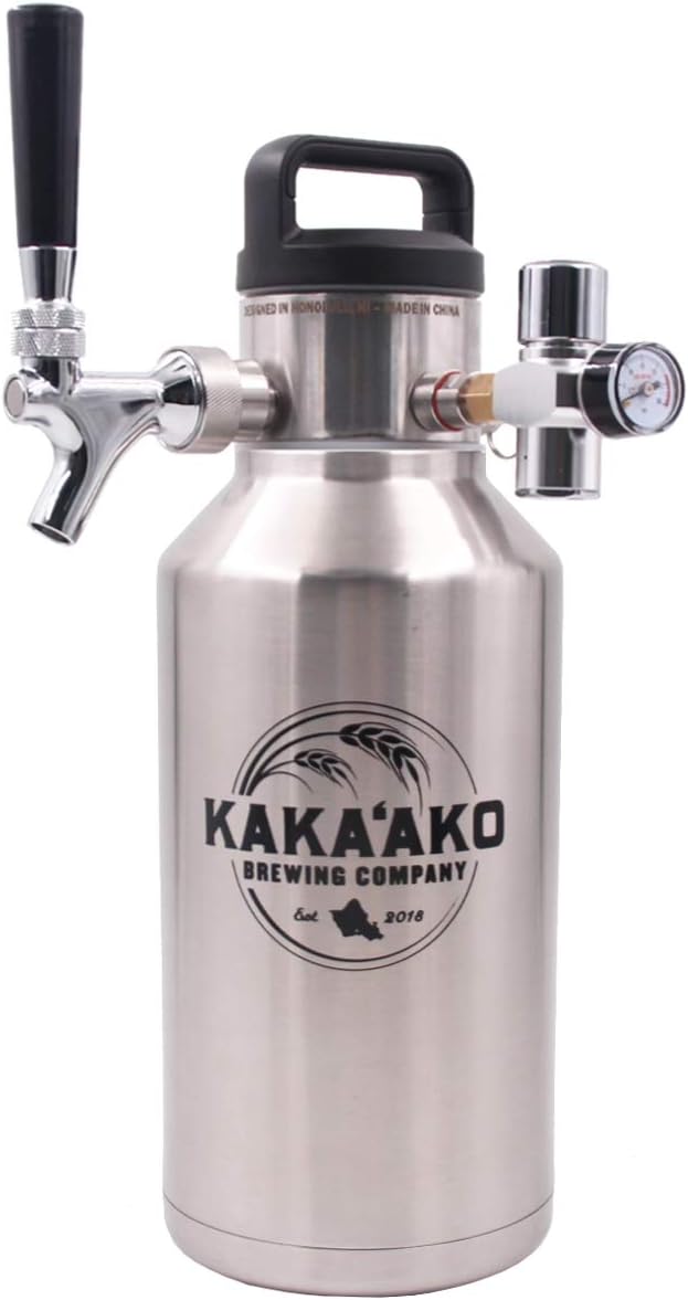 Kakaako Brewing Co - 64 oz Pressurized Growler and Dispenser Tapping System with CO2 Regulator and Faucet with Tap for Fresh Craft Beer, Homebrew, Coffee, Vacuum Insulated (w/Standard Faucet)