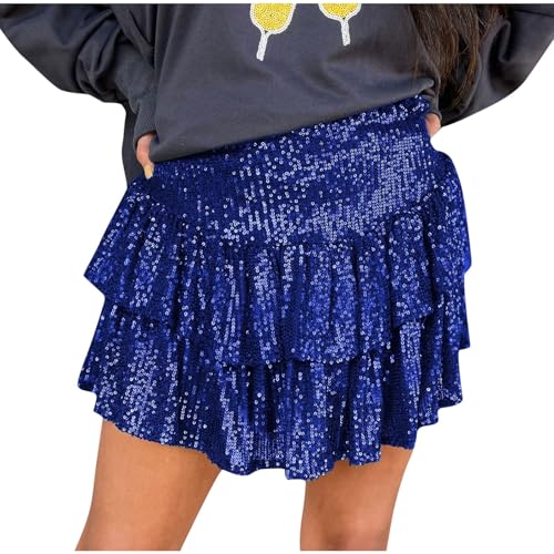 Women's Sequin Skirt Sparkly Cute High Waist Ruffle Flowy Shiny Glitter Mini Short Skirts Night Out Club Party Blue XXXL