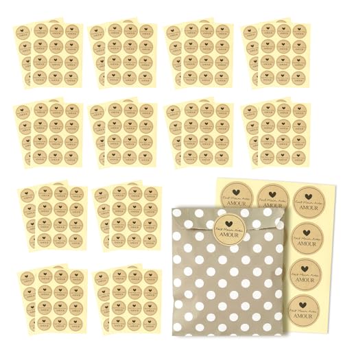 Gemejutor 300 Étiquettes Rondes Auto-Adhésives Kraft 38mm « Fait Main avec Amour » – pour Emballage Cadeaux, Scrapbooking, DIY, Petites Entreprises Et...