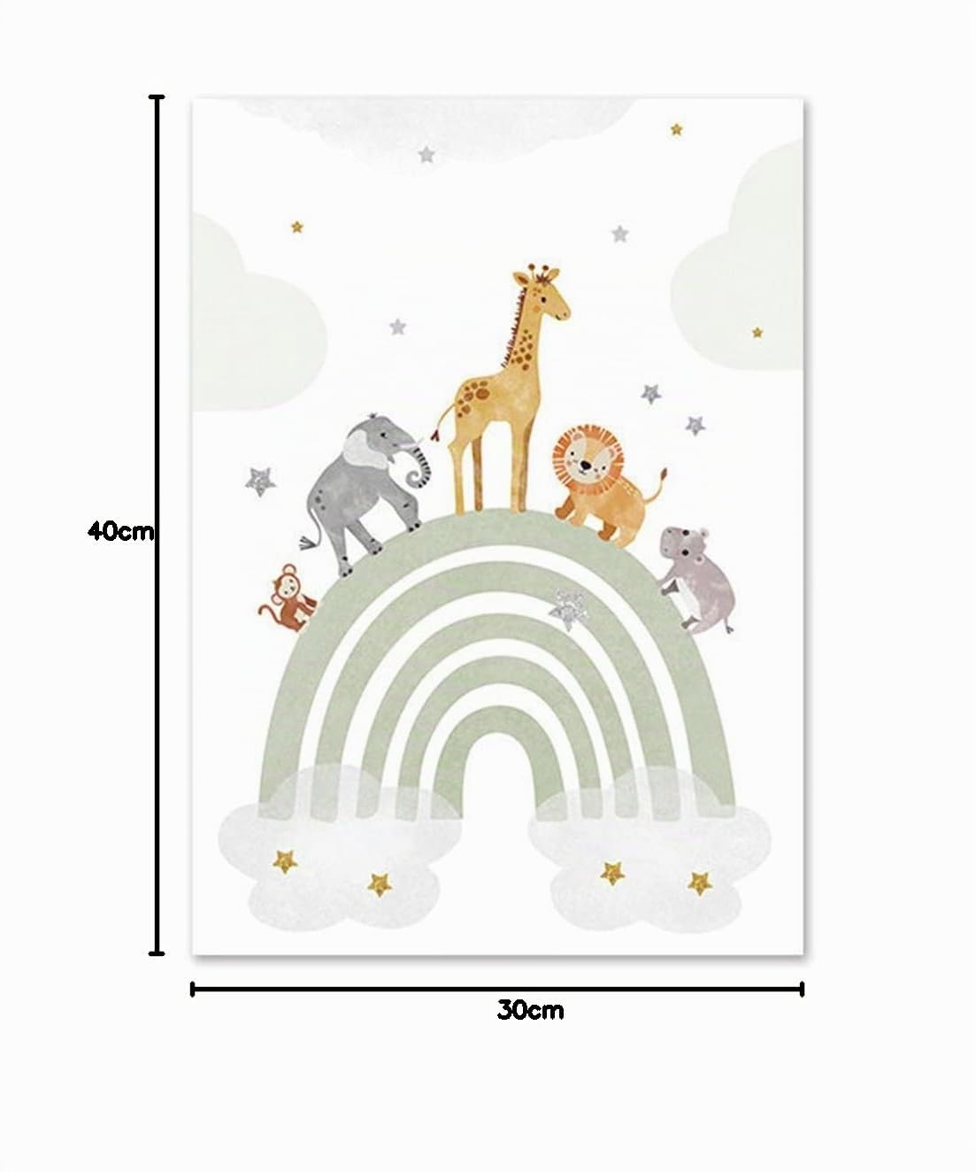 3 Laminas Animales Infantil Arco Iris Globo Aerostático Poster Nombre Bebe Boho Verde 30 x 40 León Jirafa Elefante Cuadro Personalizado Niño Niña Decoración Pared Regalo sin Marco (YHH018-30x40cm)