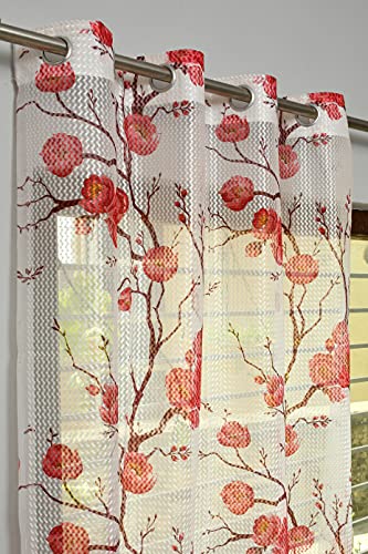 Image of Premium Polyester Floral Sheer Printed Net Combination Transparent Beautiful Curtains Set of 3 Piece for Window Maroon 5 Feet