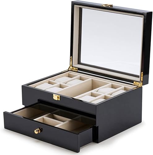 AXOIN HZH Caja de almacenamiento de reloj de madera, caja de joyería de doble capa, gabinete de almacenamiento de reloj con cubierta de cristal,