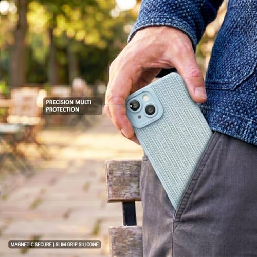 Image of amazon basics Luxury 3D Knitted Texture Soft Silicone Back Cover for iPhone 14 | Slim Fit Shockproof Case with Camera Protection & Non-Slip Grip - Blue