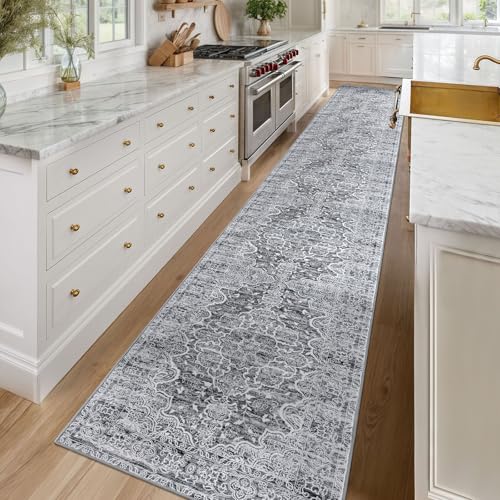 KUTA Vintage Washable Runners for Hallways 2.6x16, Non-Slip 16ft Extra Long Kitchen Runner Rug, Ultra Soft Printed Floral Medallion Stair Runners Indoor for Bedroom Grey White