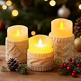 MelonBoat Christmas Candles with Timer: Boho Flickering Flameless Candles in Cozy Knitted Covers, Battery Operated Candles Set of 3, Farmhouse Home Christmas Decorations for Wedding Party Holiday