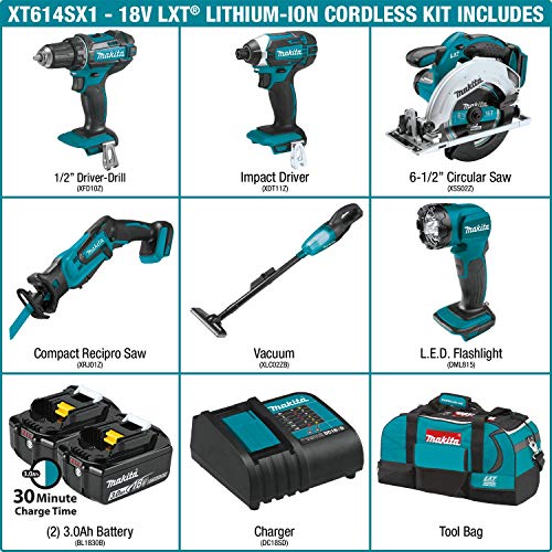 Makita Xt614Sx1 18V Lxt® Lithium-Ion Cordless 6-Pc. Combo Kit (3.0Ah) & Xvj03Z 18V Lxt® Lithium-Ion Cordless Jig Saw, Tool Only #TOP2