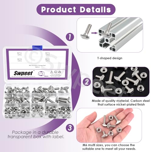 Swpeet 80Pcs 4 Tailles Norme européenne 30 Series M6 x 12/16/20/25mm T Bolt et Nickel à fente M6 Kit d'assortiment d'écrous à brides, Fente de filetage T, Bolt en T, Boule de tête de marteau, Stud de vis T