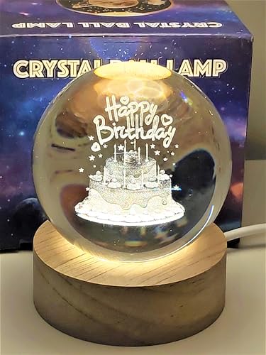 Image of 3D Happy Birthday Crystal Ball USB LED Night Light, 6 Cm Glass Ball Night Lamp With Woodern Base, Decorations Gifts For Men & Women Meditation Or Relaxation