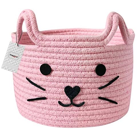 Inwagui Collapsible Storage Basket Natural Cotton Rope Woven Storage Box Home Decor Organiser Bin for Baby Nursery, Kid's Room, Toys - Pink Cat Cover