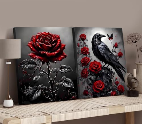 Image of Framed Red Rose & Crow Wall Art 12x16 inch,Vintage Flowers Canvas Wall Art,Dark Academia Botanical Poster Prints,Romantic Rose Floral Decor for Living Room,Bedroom,Bathroom