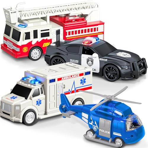 EPPO 4 Packs Fire Truck Toy, Ambulance, Police Car, and Helicopter, Emergency Vehicle Truck Toy Set with Lights and Sounds, Friction Powered Car Toy for Toddler Boys Girls 3 4 5 6 Years Old