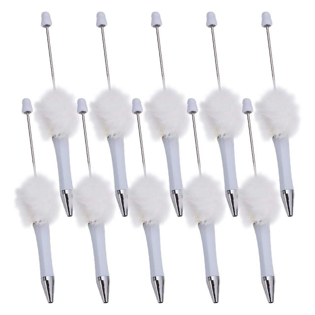 FSSTUD 10 Pcs Plush Beadable Pens Cute Fluffy Ballpoint Pen Fuzzy Plastic Bead Fancy Furry Writing Pens Black Ink Pom Pom Beaded Pen with Shaft Office Supplies for DIY Crafts White