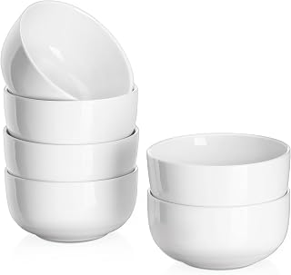 DOWAN 10oz Ceramic Small Bowls Set of 6 - Soft White Porcelain Ice Cream Cereal Dessert Bowls, 4.25" Microwave Dishwasher Safe for Portion Control