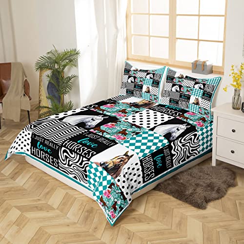 Erosebridal Horse Bedding,Western Farmhouse Horses Comforter Cover Horse Gifts For Girls King,Boho Floral Black And White Dots Zebra Stripe Teal Duvet Cover,Rose Flower Rustic Cowboys Gifts For Men #TOP1