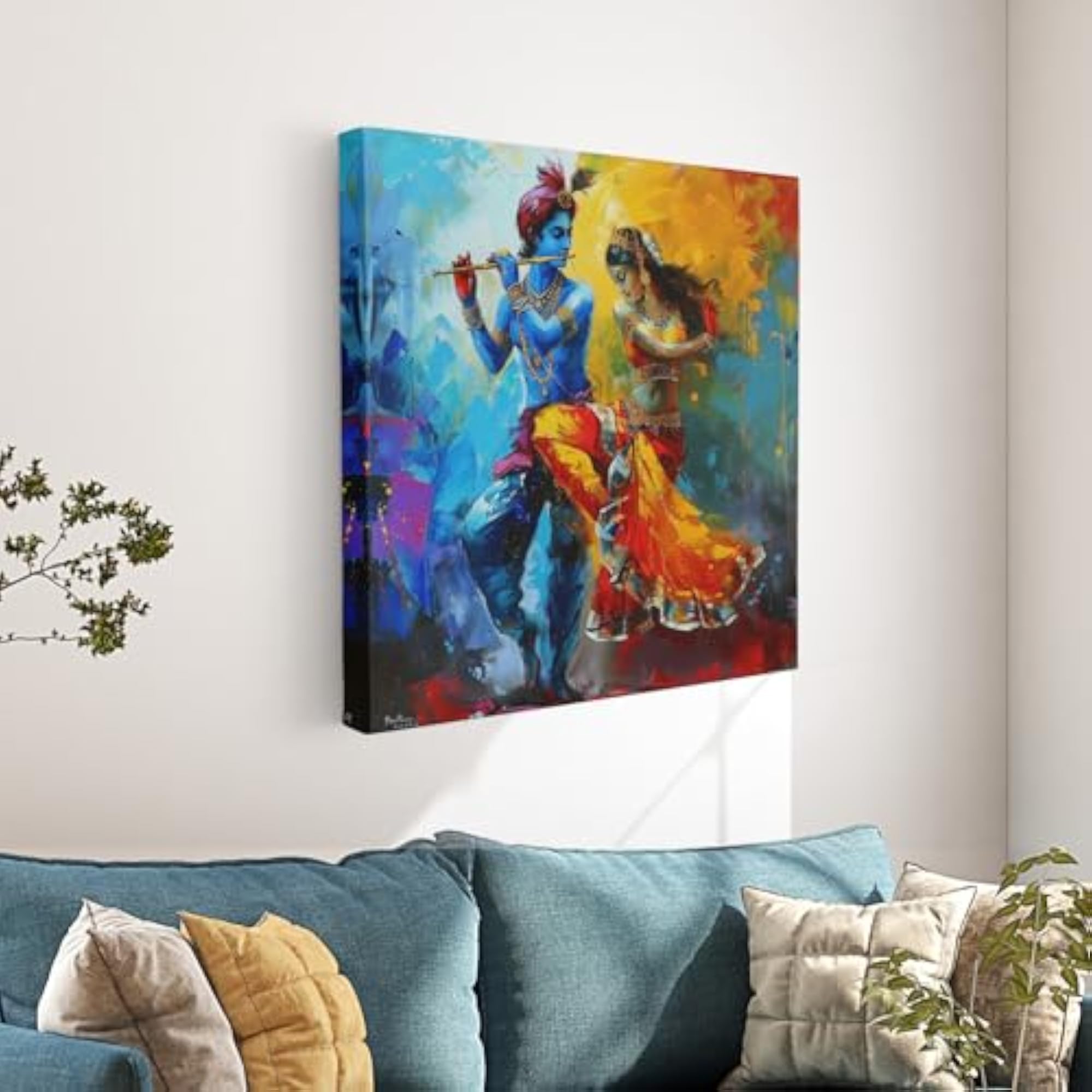 Radha Krishna Divine Dance Wall Art Canvas, Vibrant Modern Decor