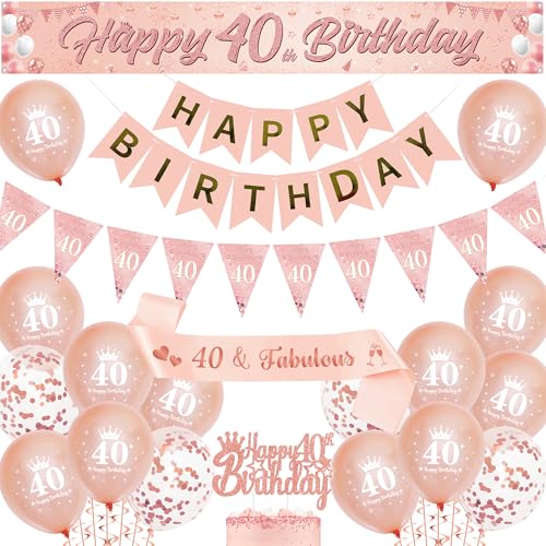 40th Birthday Decorations Banner for women - Rose Gold Party Balloons Set with Pennant Sash, Happy 40 Years Old Birthday Yard Banners and Cake Topper for Women Party Supplies