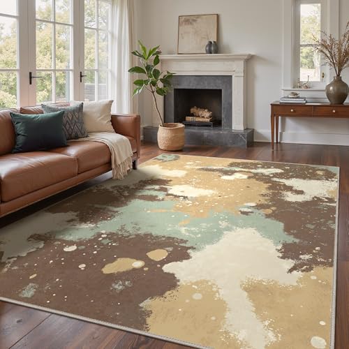 Area Rugs 8x10 for Living Room Bedroom, Modern Splash Abstract Machine Washable Rug, Large Soft Low Pile Floor Cover with Non Slip Backing for Dining Room, Green/Brown